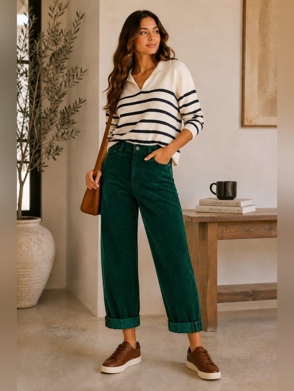 RISEN Women's Corduroy Barrel Jeans Hunter Green Cuffed Ankle HR Various NEW